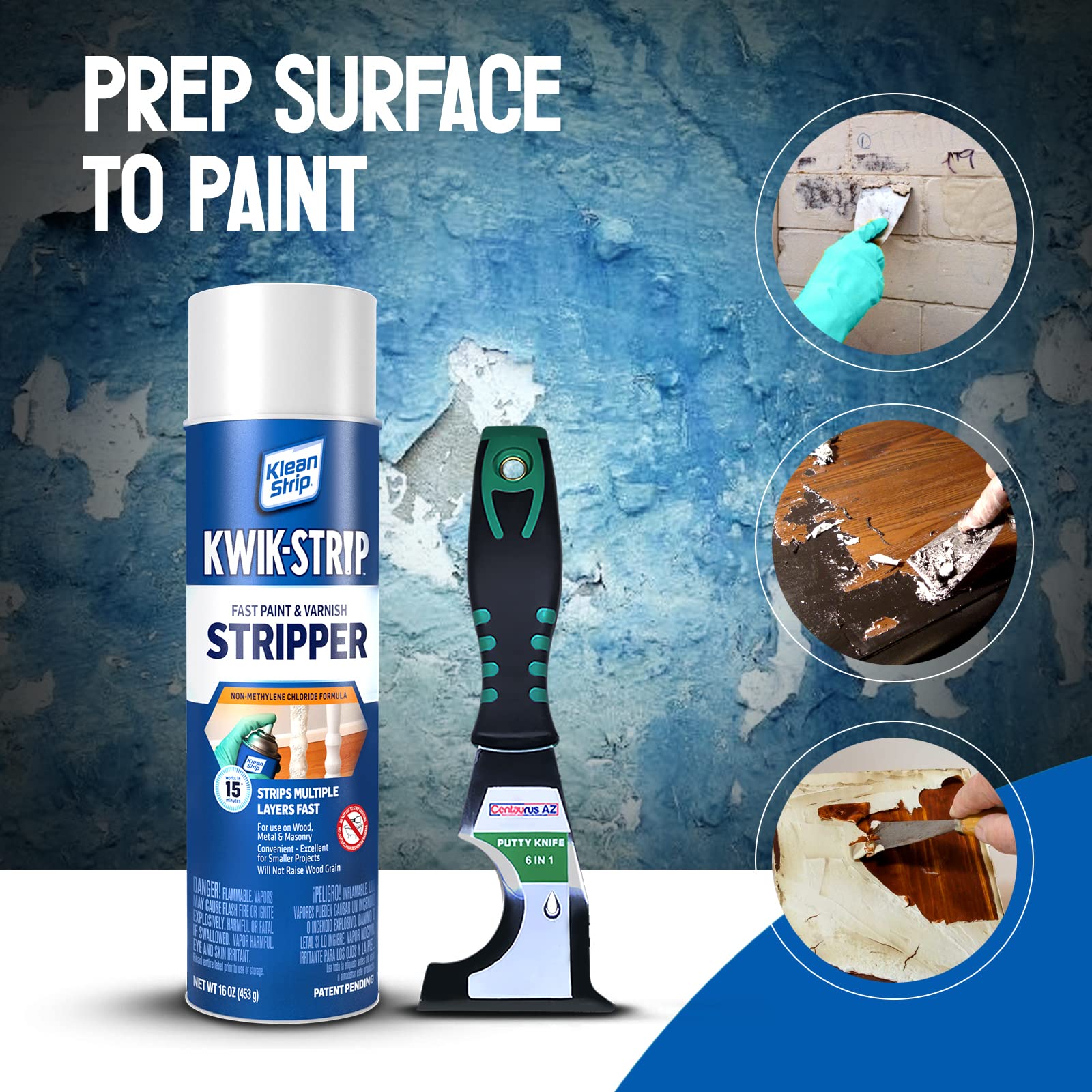 Klean Strip Kwik Stripper - Paint Remover For Wood Plastic Metal and Concert Surface - Antique Furniture Refinisher - Available with Premium Quality Centaurus AZ Flexible Putty Knife-16oz